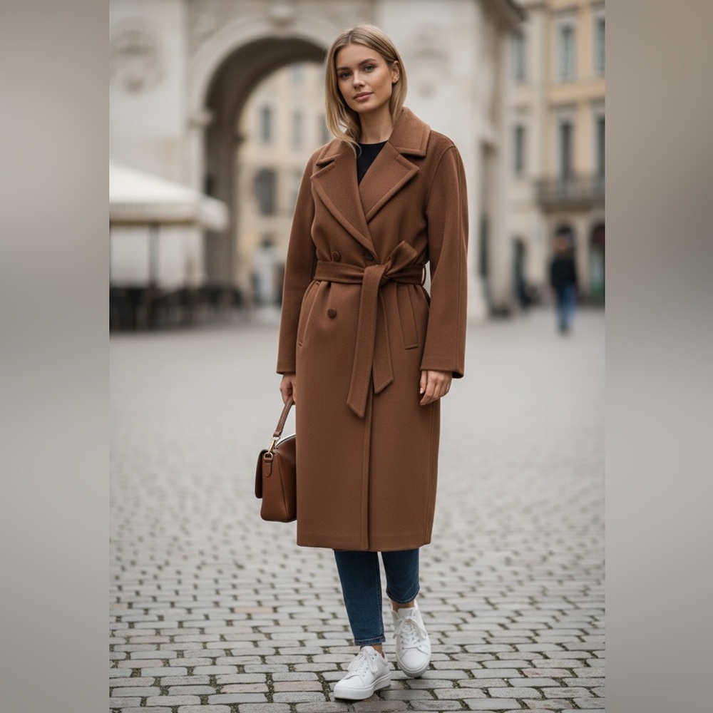NWT Bernardo Double Breasted Wool Blend Belted Maxi Coat In Color Tobacco SZ-1X